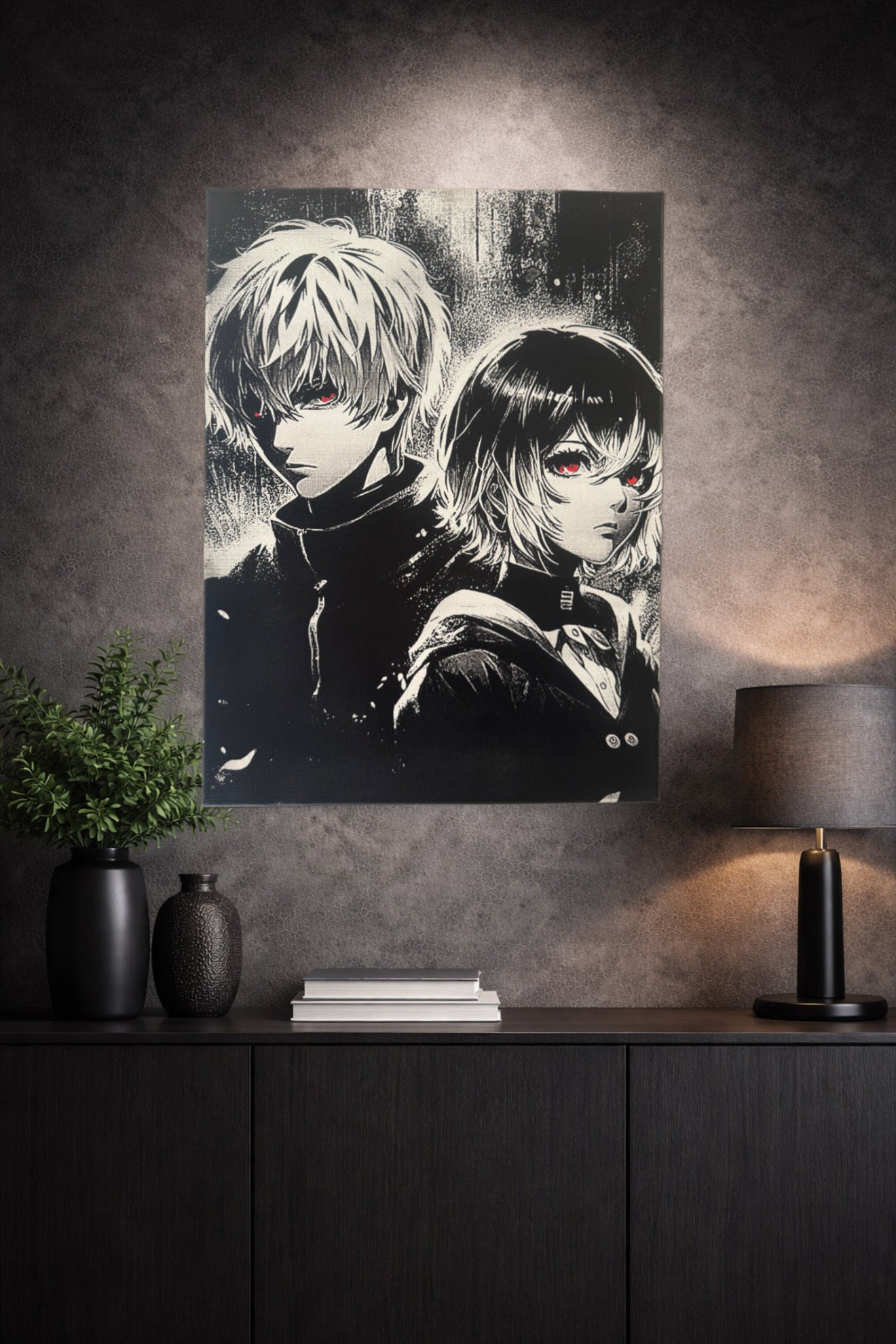 Tableau manga sombre noir et blanc – Personnage style anime – Décoration murale 30x40 cm