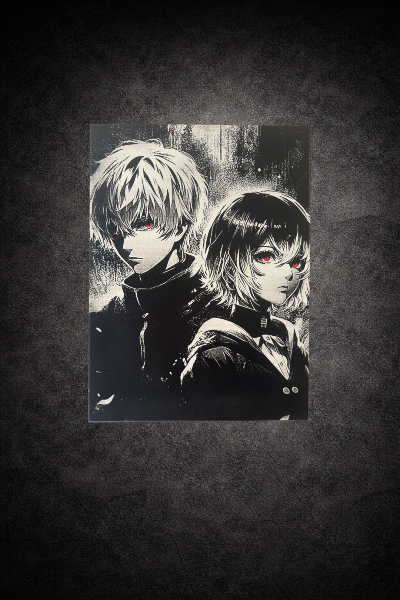 Tableau manga sombre noir et blanc – Personnage style anime – Décoration murale 30x40 cm