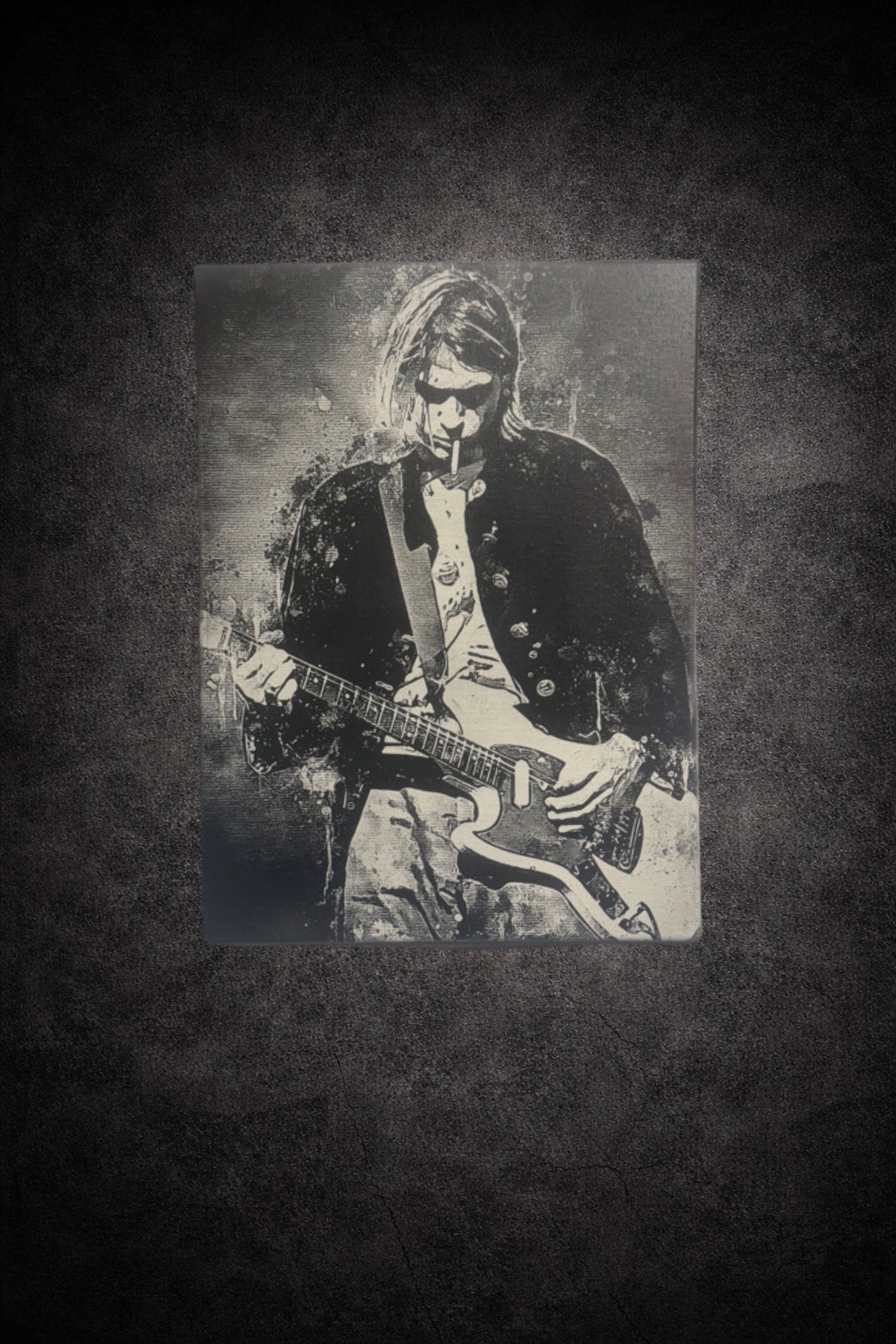 Affiche rock noir et blanc représentant un guitariste électrique au style vintageicône du rock grunge, toile murale 30x40 cm