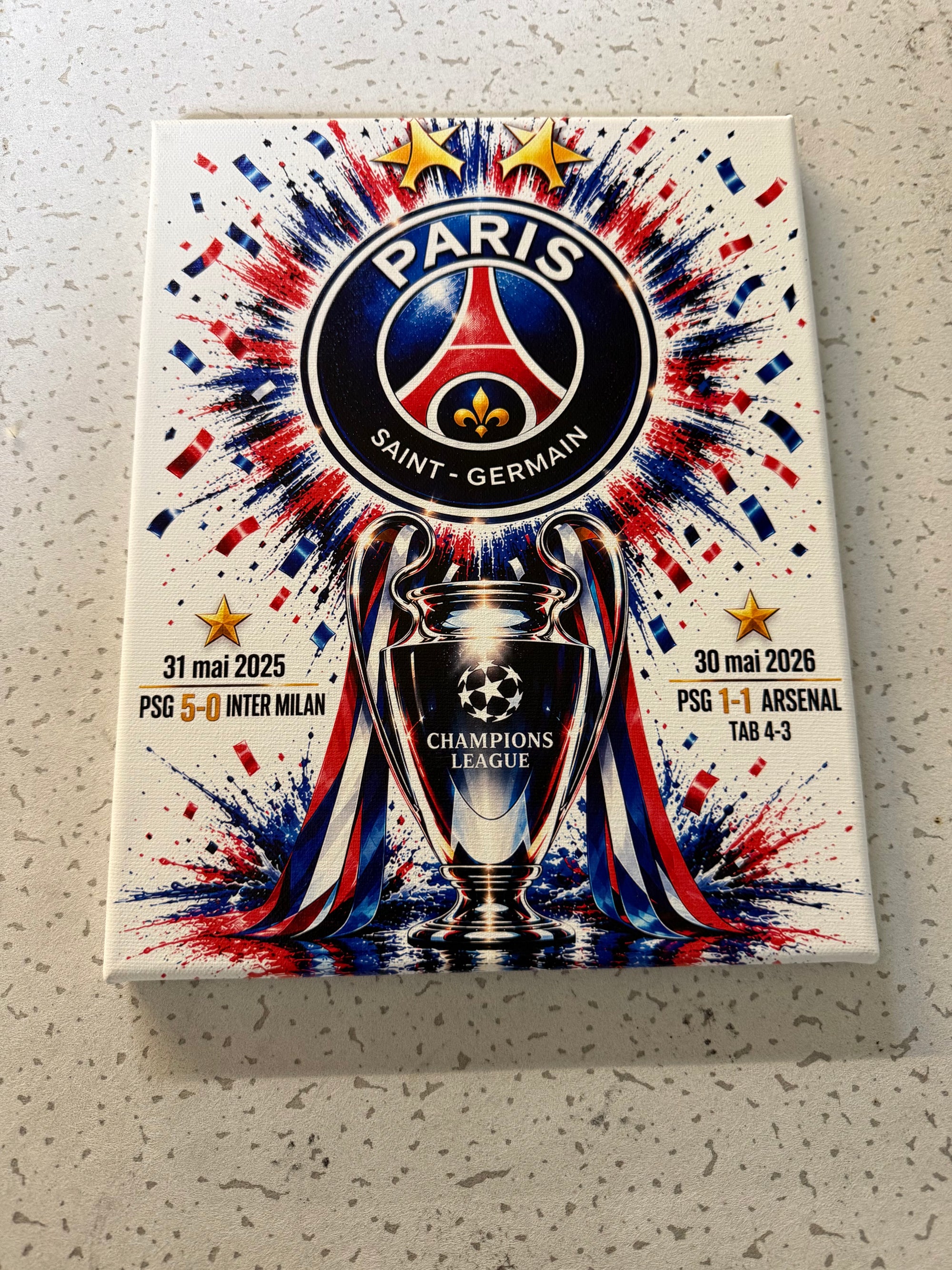 Tableau PSG – Double Champion d’Europe 2025 & 2026 – 24x30 cm