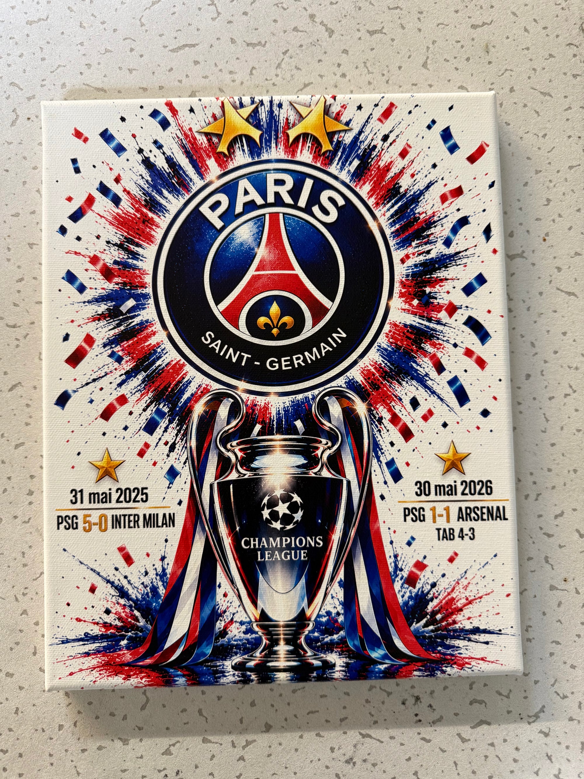 Tableau PSG – Double Champion d’Europe 2025 & 2026 – 24x30 cm
