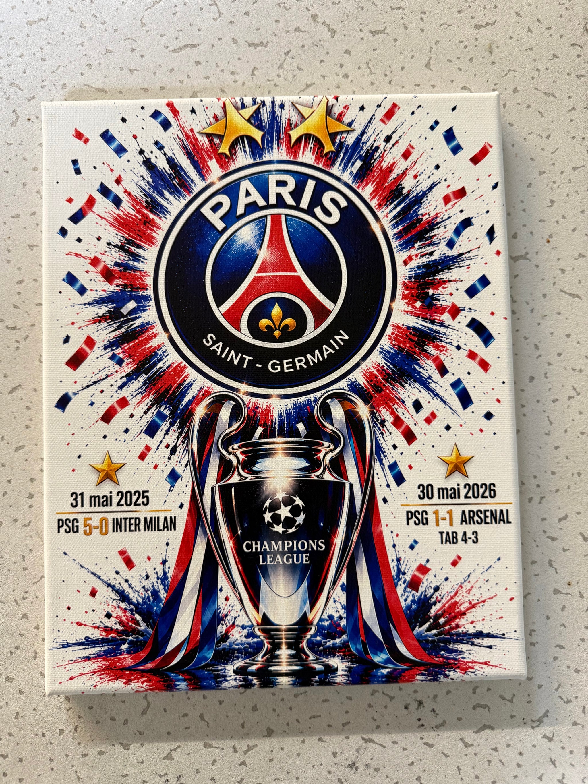 Tableau PSG – Double Champion d’Europe 2025 & 2026 – 24x30 cm