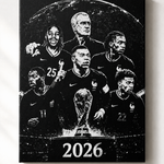Toile décorative noir et blanc inspirée du football français avec plusieurs joueurs sur fond sportif