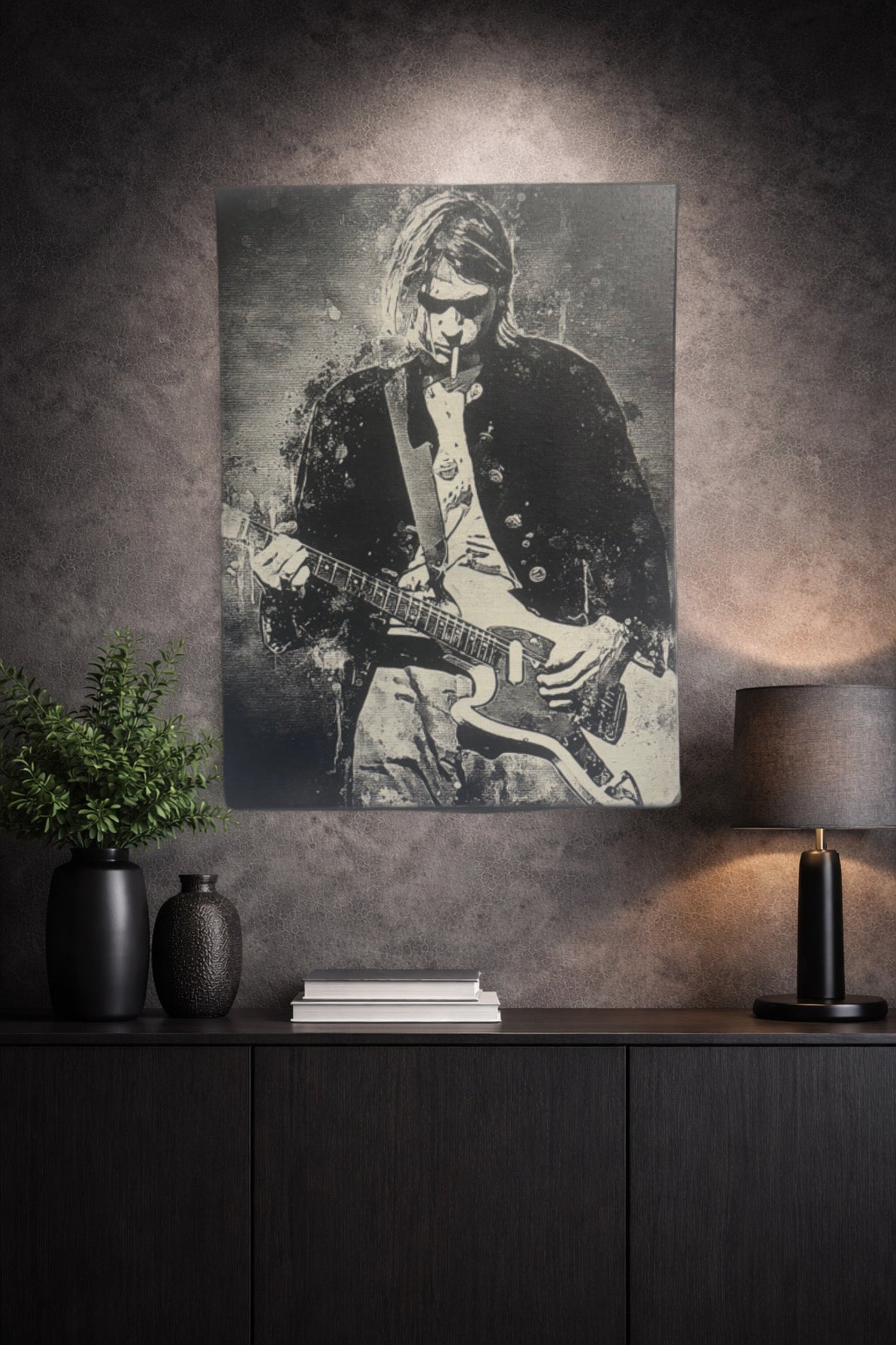 Tableau vintage-en noir et blanc – icône du rock grunge, toile murale 30x40 cm