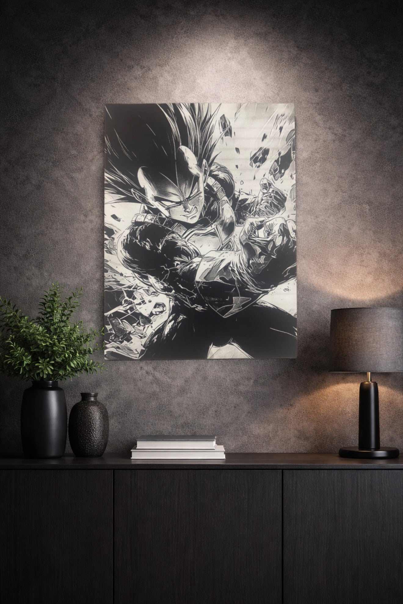 Tableau manga noir et blanc exposé dans un intérieur gaming, décoration murale dynamique et énergique