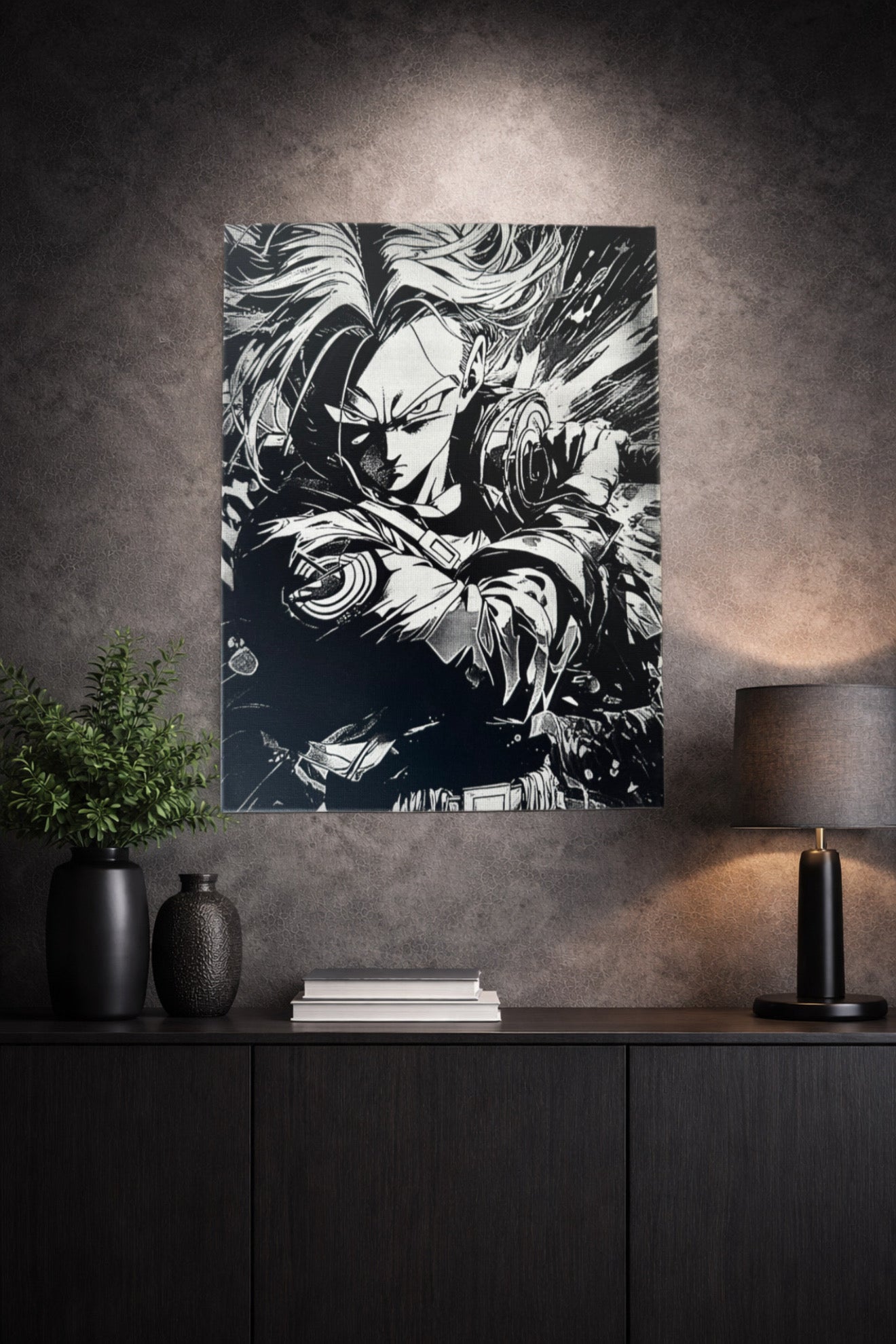 Tableau manga noir et blanc exposé dans un intérieur gaming, décoration murale futuriste et sombre