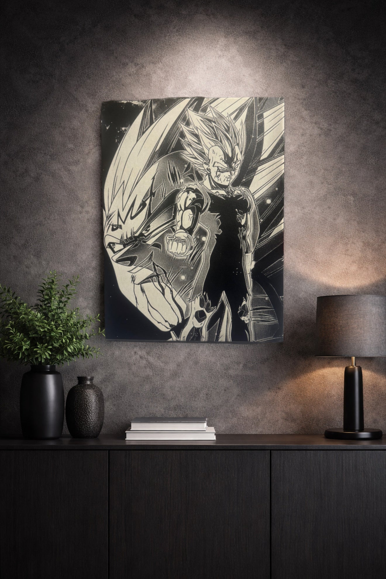 Tableau manga noir et blanc exposé dans un intérieur gaming, décoration murale puissante et structurée