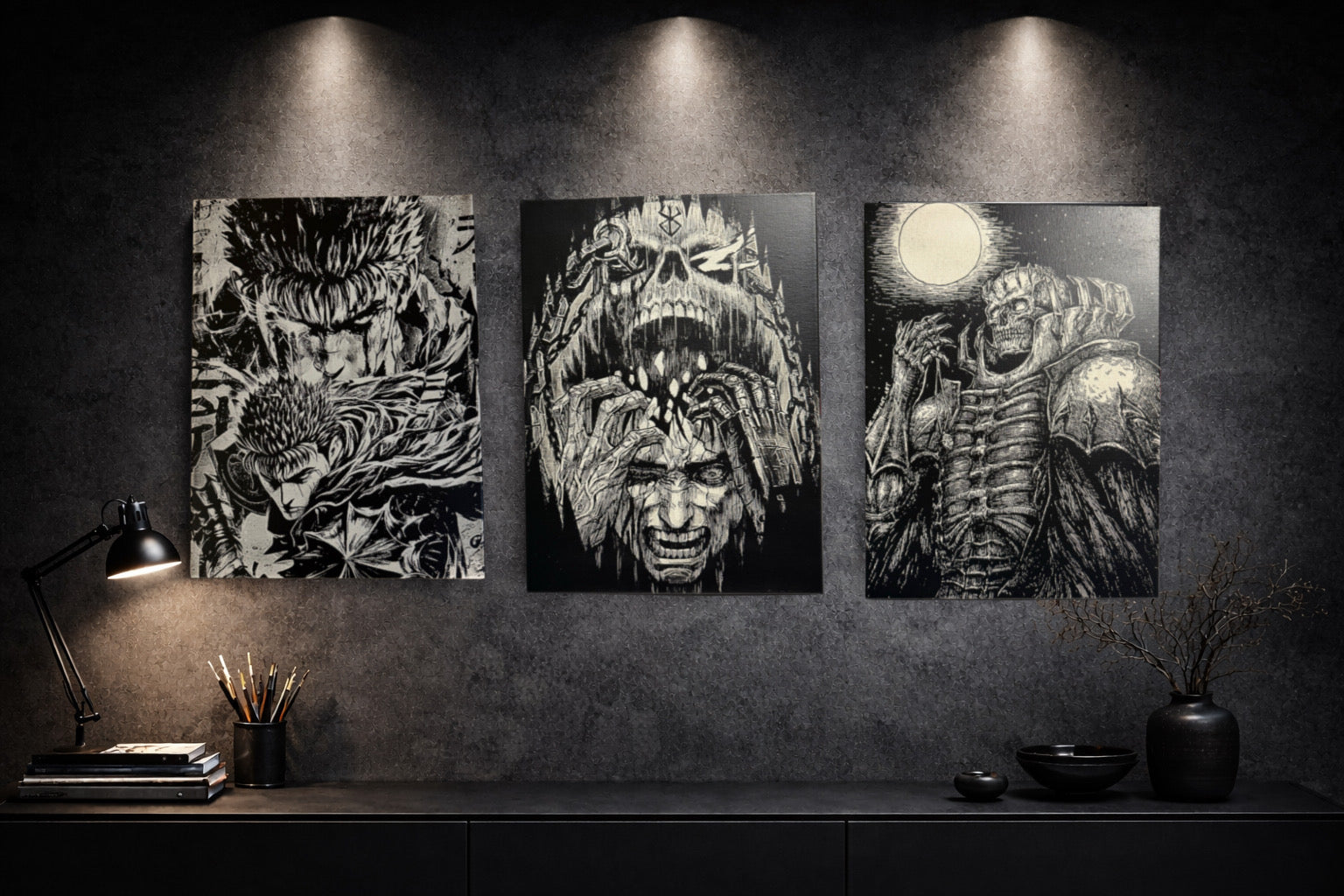 Ensemble de tableaux épiques sombres noir et blanc ambiance murale