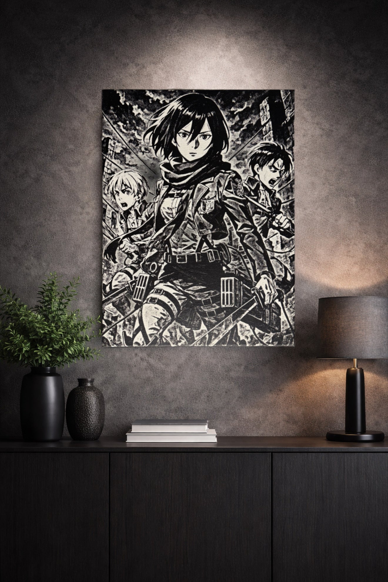 Décoration murale bataille sombre intense en noir et blanc