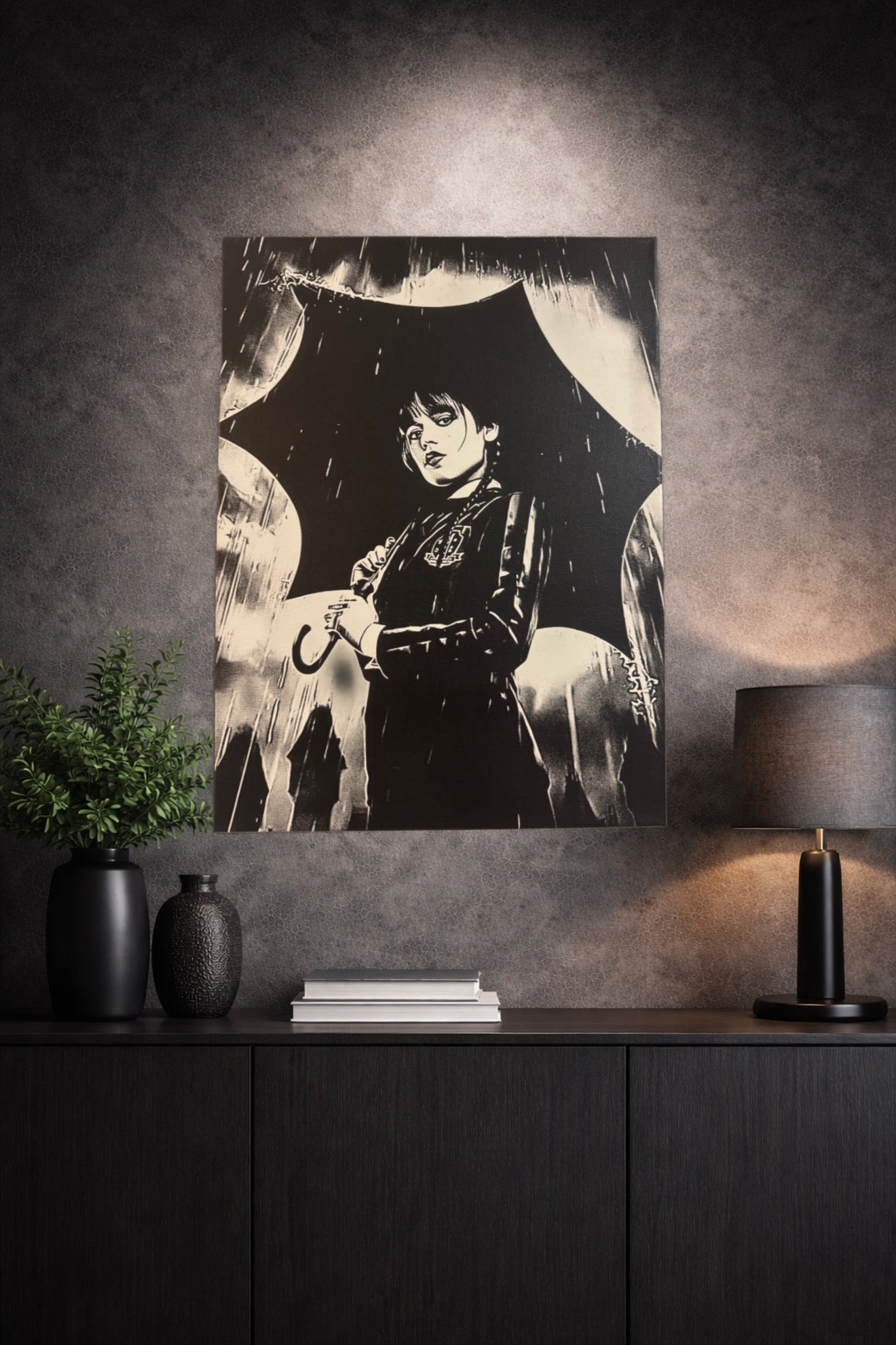 Décoration murale sombre femme sous la pluie avec parapluie noir et blanc