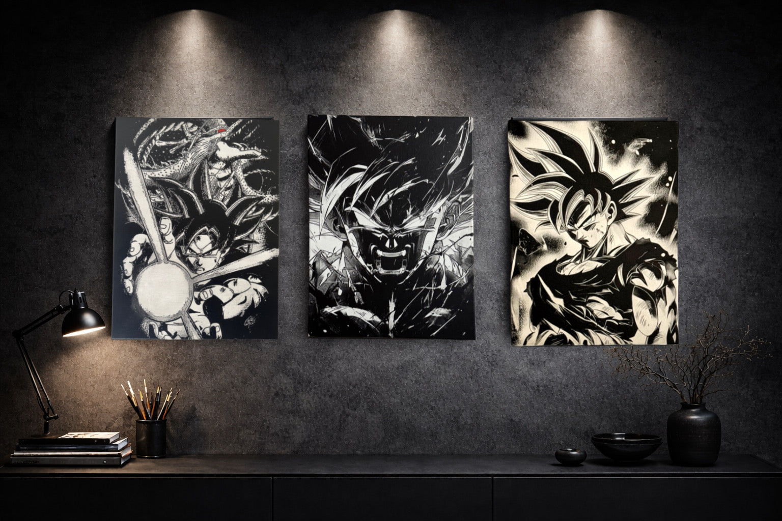 Tableau Goku Dragon Ball Z en noir et blanc – art mural manga 30x40 cm