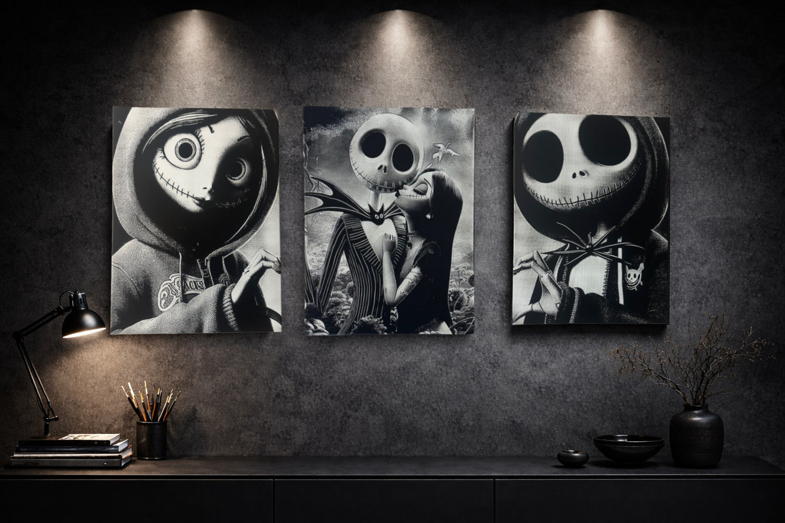 Tableau gothique noir et blanc sur toile tendue avec cadre en bois format 30x40 cm