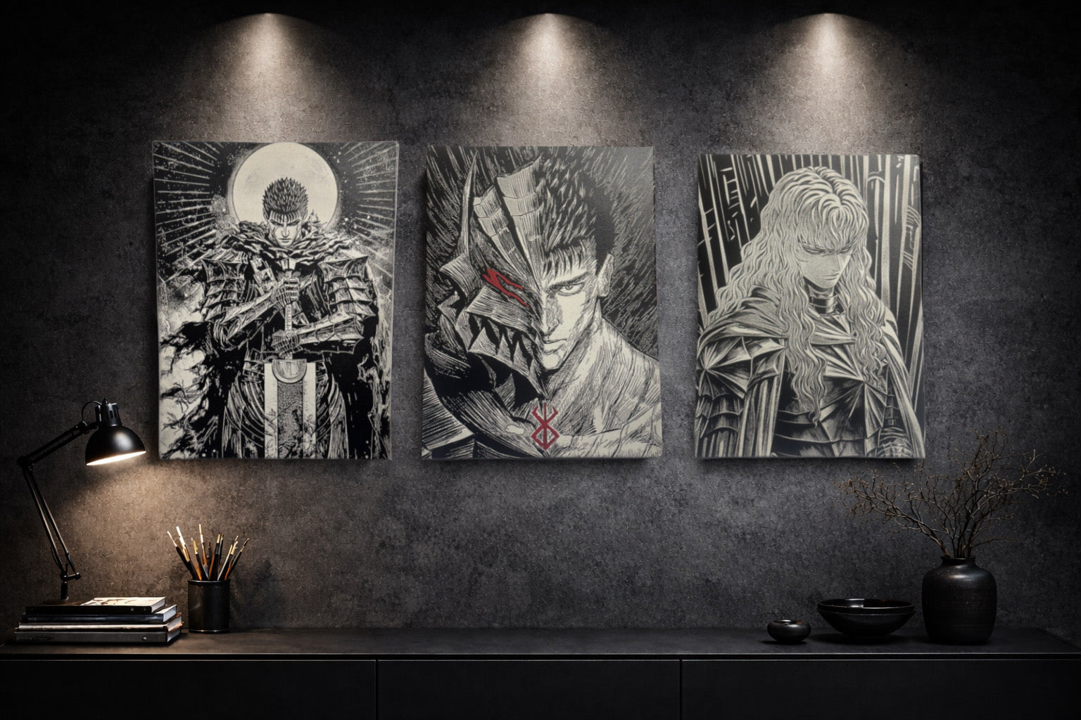 Tableau manga noir et blanc dark fantasy intégré dans une décoration murale moderne et élégante