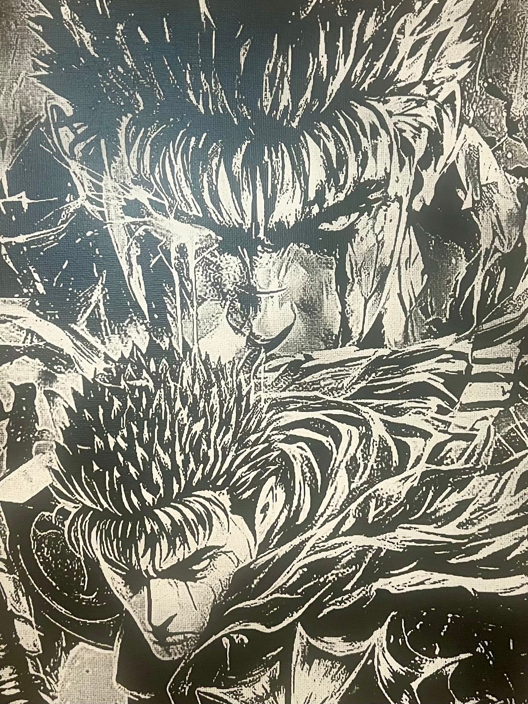 Détail des visages d’un guerrier manga noir et blanc exprimant rage et dualité dans un style dark fantasy