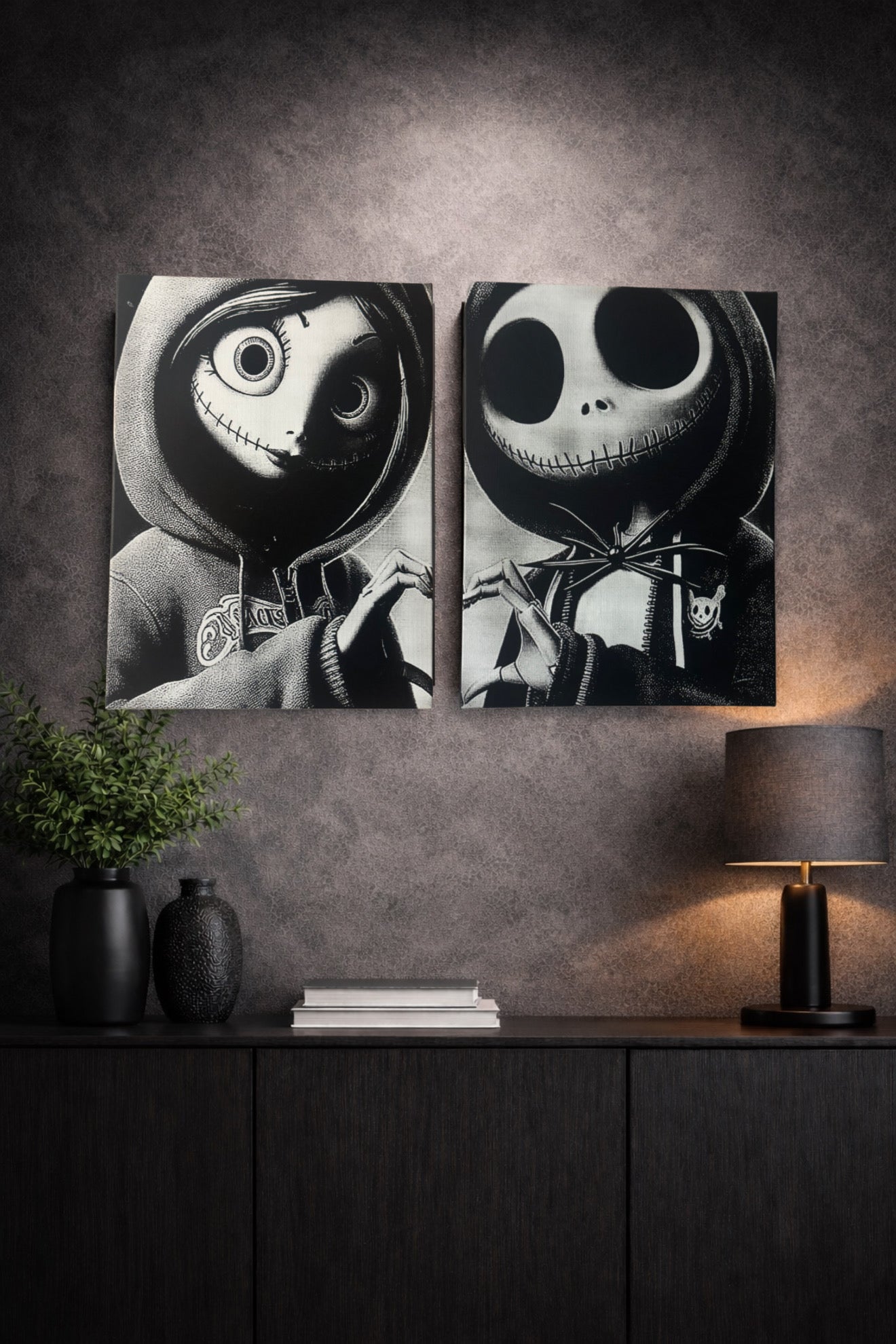 Lot de 2 tableaux Jack et Sally en noir et blanc – duo gothique romantique 30x40 cm