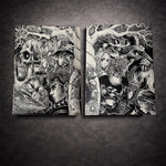 Diptyque de tableaux dark fantasy formant une scène épique avec guerrier et créatures mythiques en noir et blanc