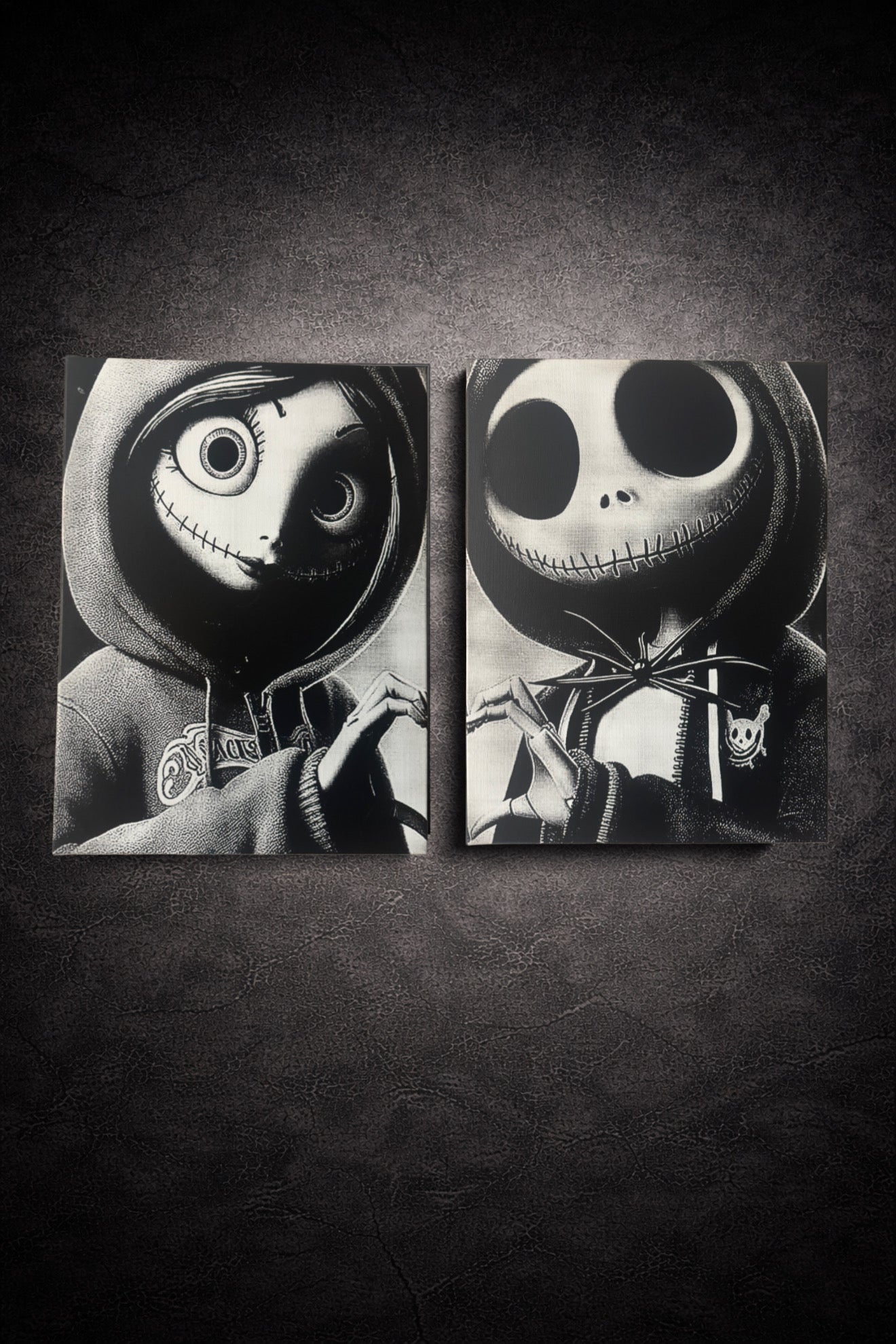 Lot de 2 tableaux Jack et Sally en noir et blanc – duo gothique romantique 30x40 cm