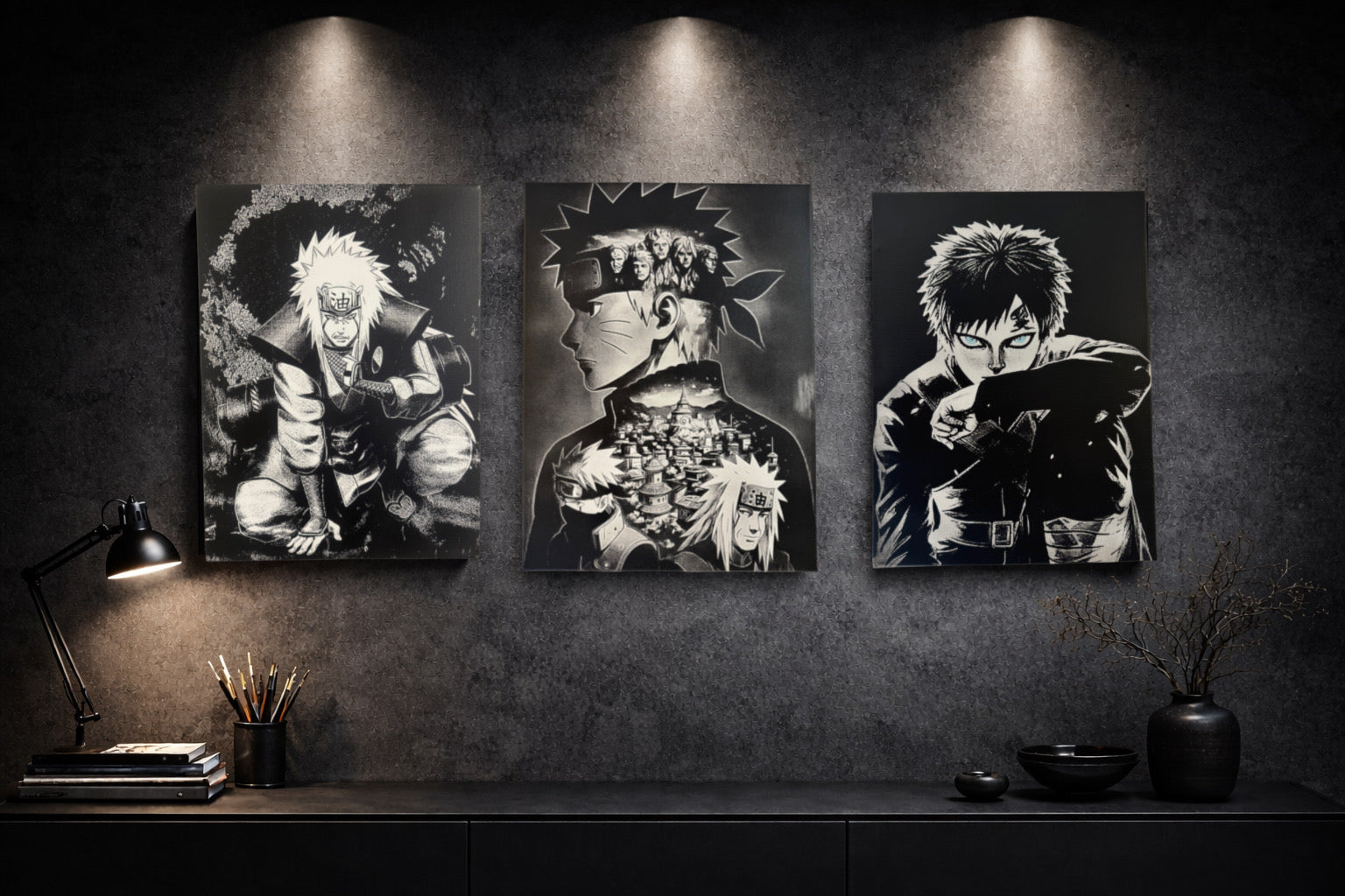 Mur galerie tableaux ambiance manga sombre