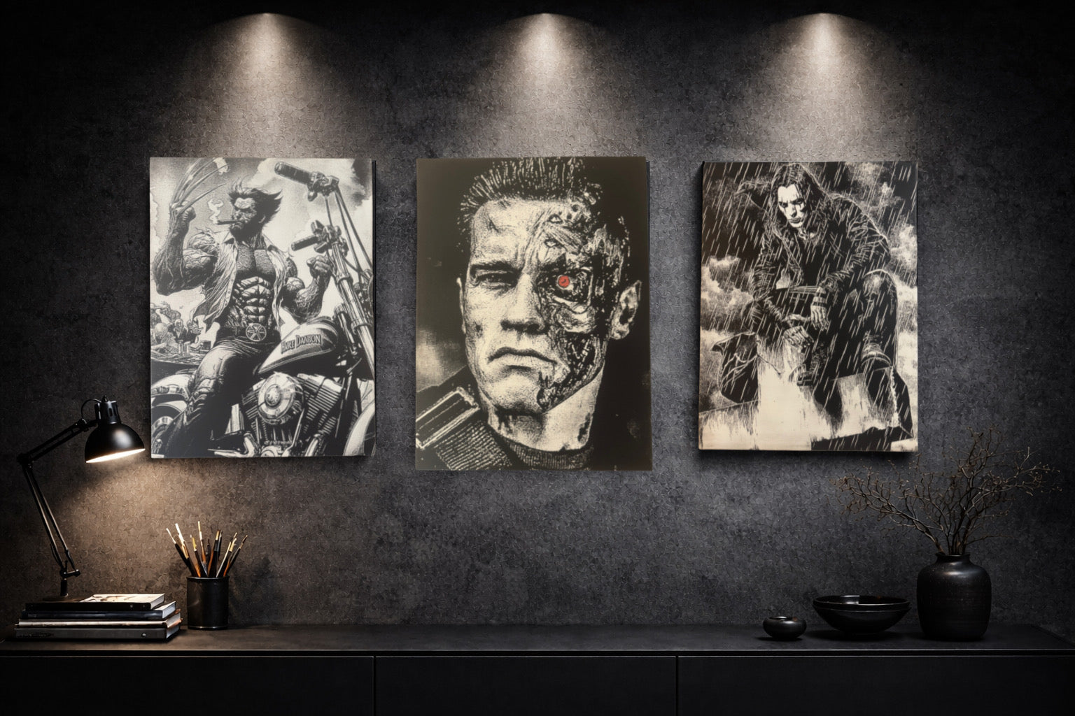 Mur galerie tableaux science fiction noir blanc