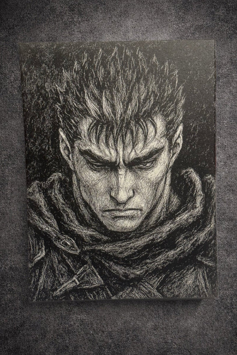 Portrait manga noir et blanc – Guerrier dark fantasy – Tableau intense sur toile 30x40 cm - DesignRomArt