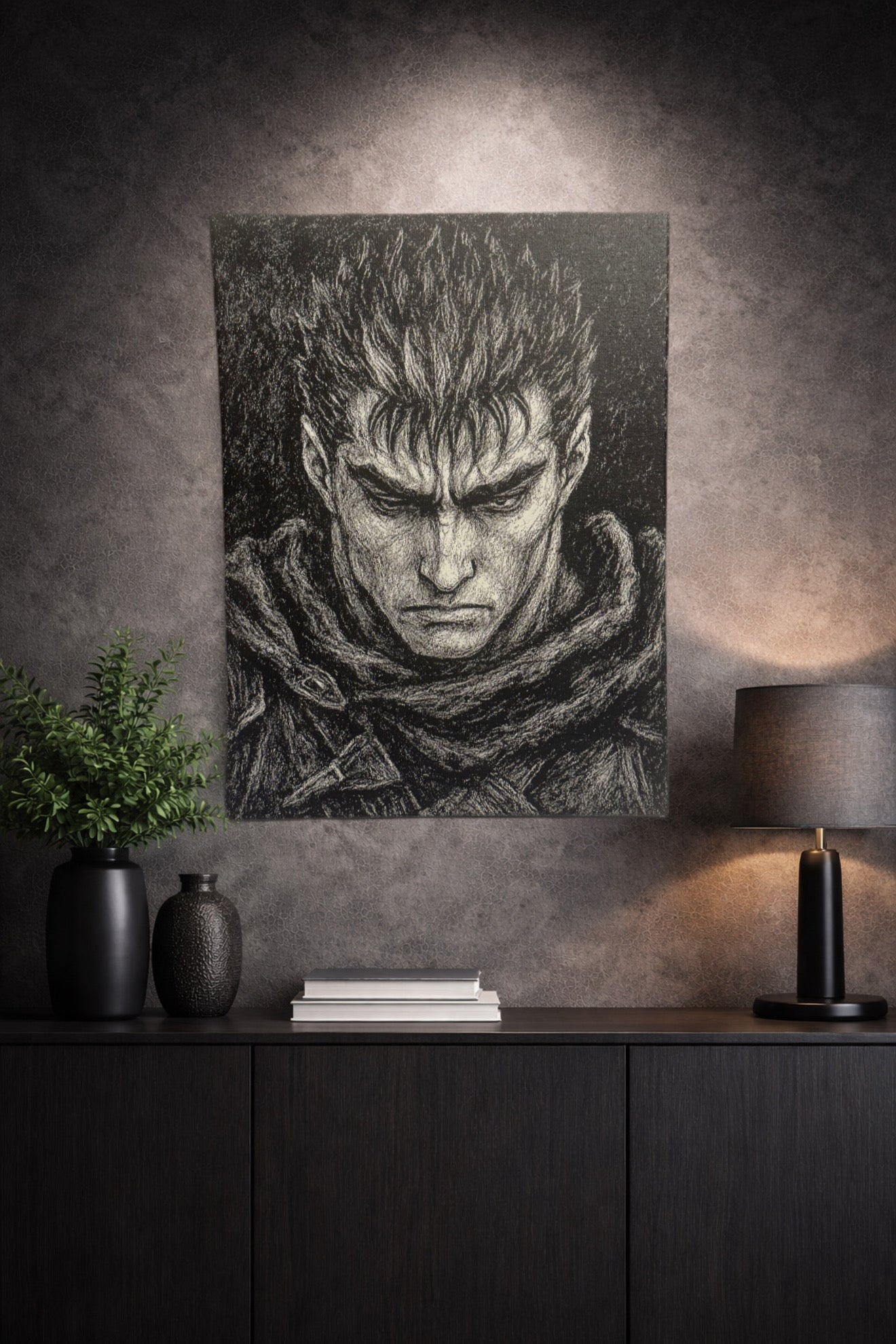Portrait manga noir et blanc – Guerrier dark fantasy – Tableau intense sur toile 30x40 cm - DesignRomArt