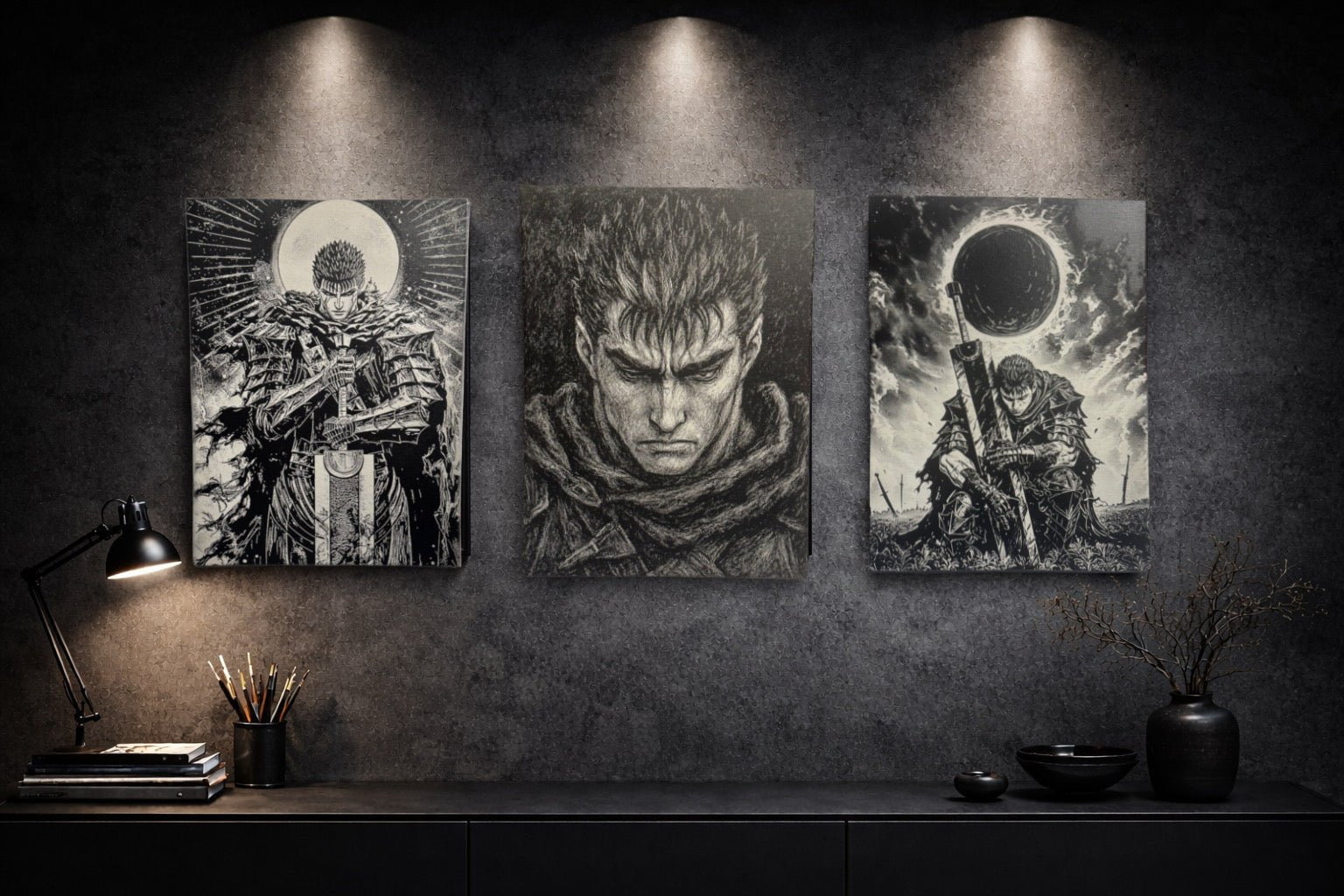 Portrait manga noir et blanc – Guerrier dark fantasy – Tableau intense sur toile 30x40 cm - DesignRomArt