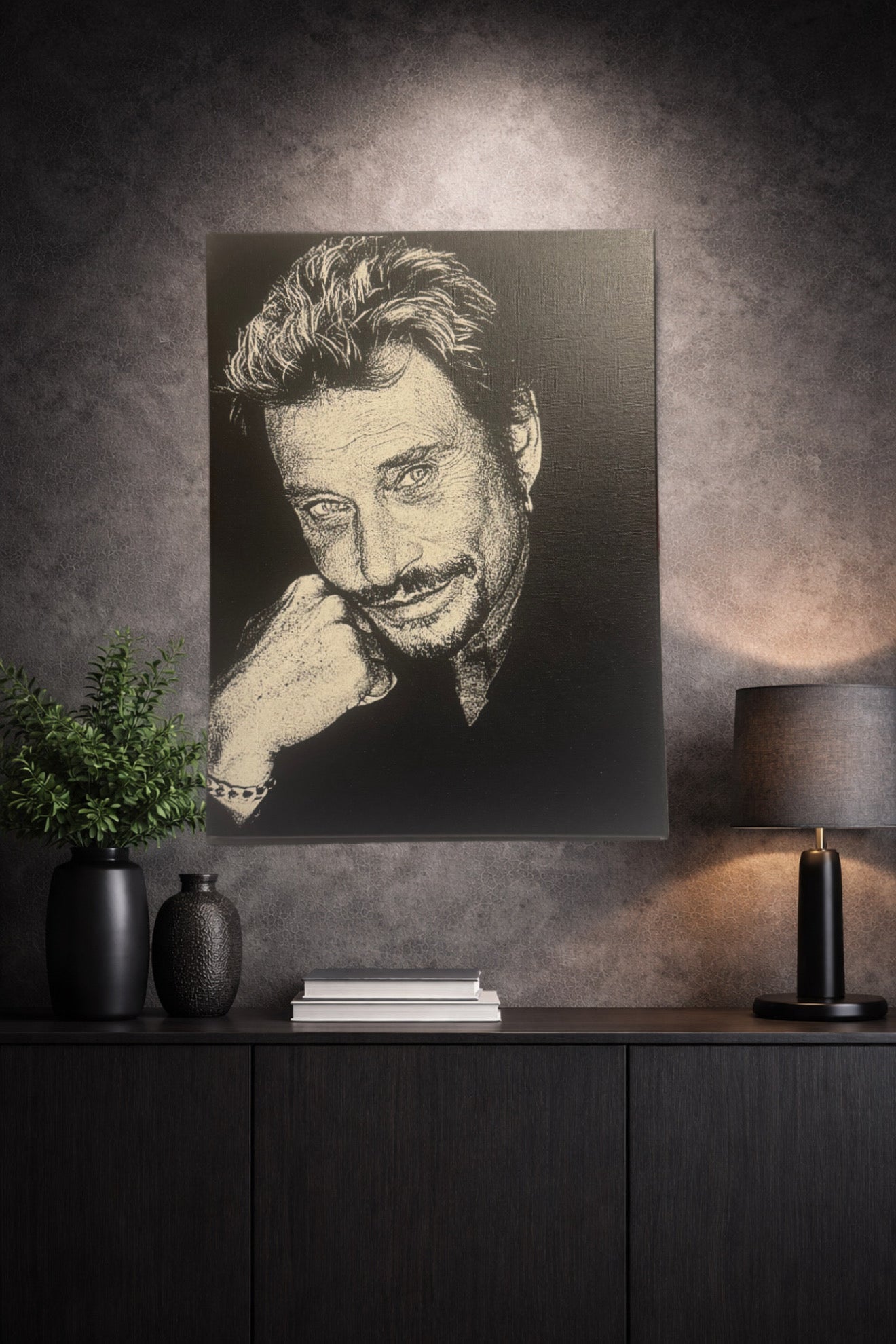Portrait rock français noir et blanc – Icône de la chanson – Toile murale 30x40 cm - DesignRomArt