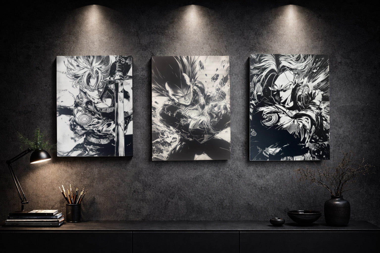 Tableau manga guerrier noir et blanc exposé dans un intérieur gaming, décoration murale dynamique et énergique