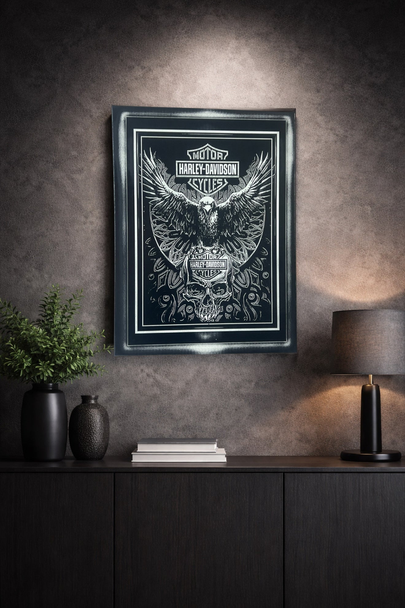 Tableau aigle biker et crâne mécanique symbole de liberté sauvage noir et blanc décoration murale 30x40 cm - DesignRomArt