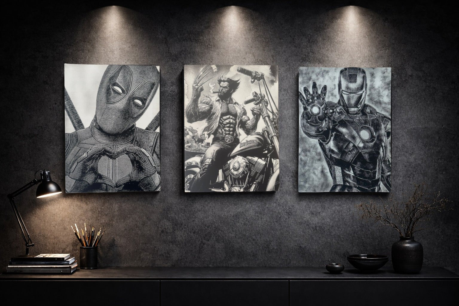 Tableau anti - héros masqué geste cœur noir et blanc – décoration murale 30x40 cm - DesignRomArt