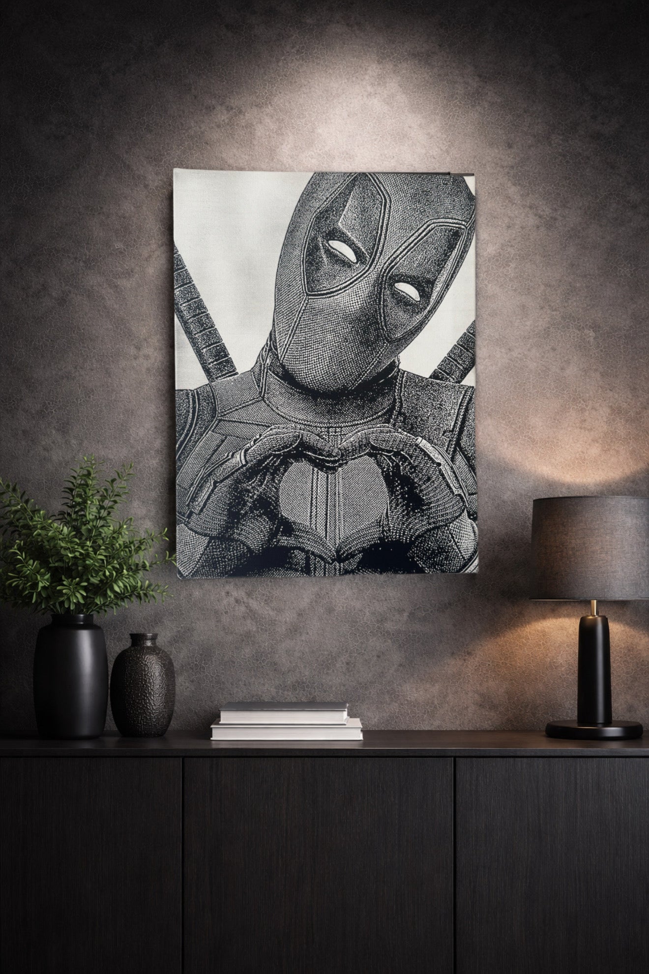 Tableau anti - héros masqué geste cœur noir et blanc – décoration murale 30x40 cm - DesignRomArt