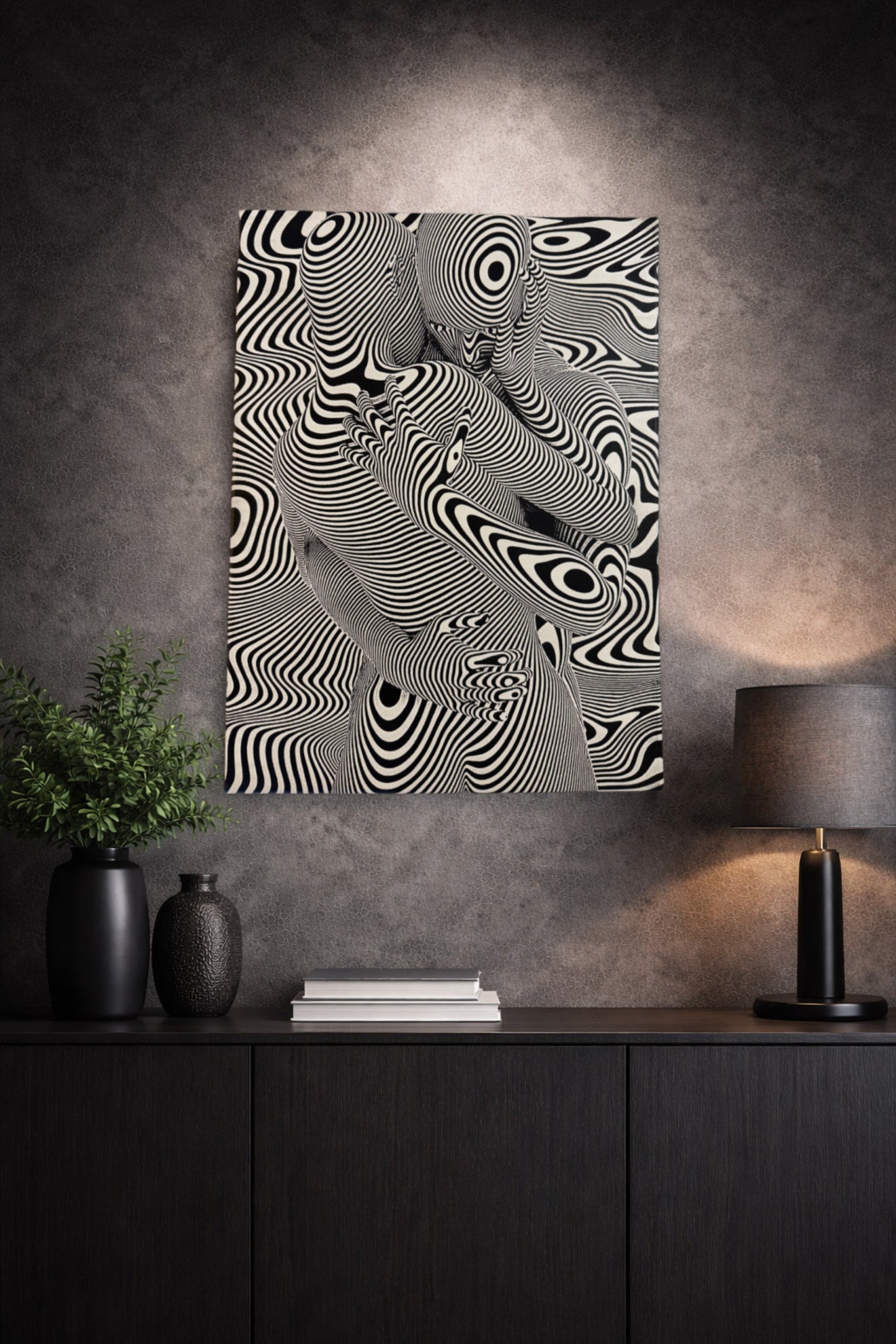 Tableau abstrait noir et blanc avec formes humaines ondulantes