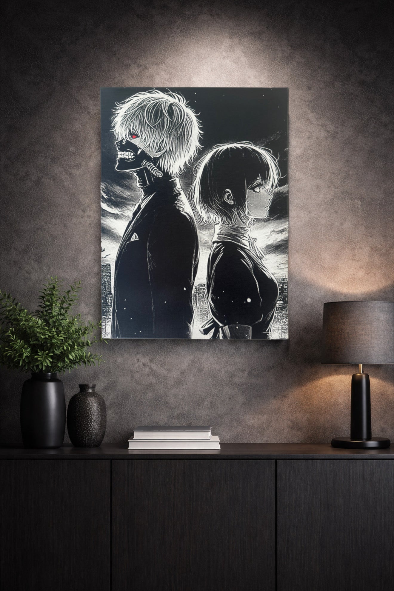 Art mural noir et blanc style manga psychologique