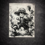 Tableau noir et blanc aventurier combattant en action explosive