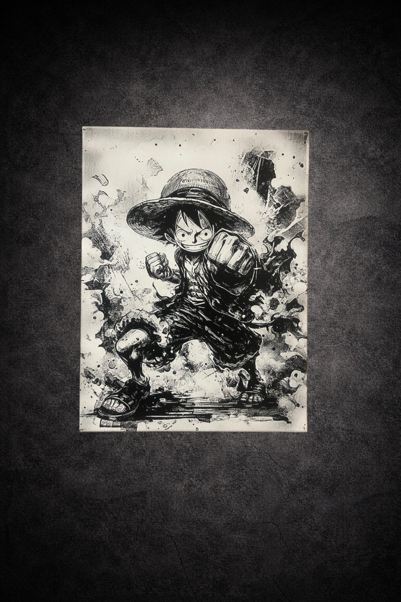 Tableau noir et blanc aventurier combattant en action explosive