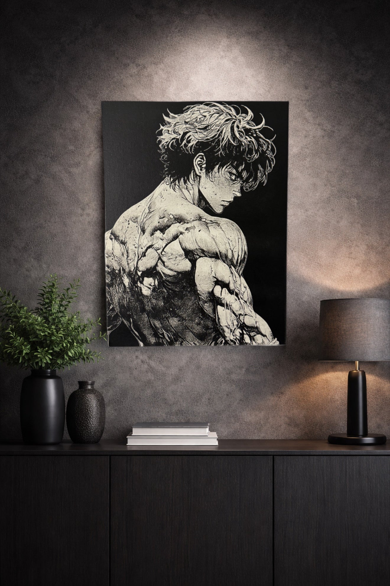Tableau boxeur musclé regard intense noir et blanc style manga décoration murale 30x40 cm - DesignRomArt
