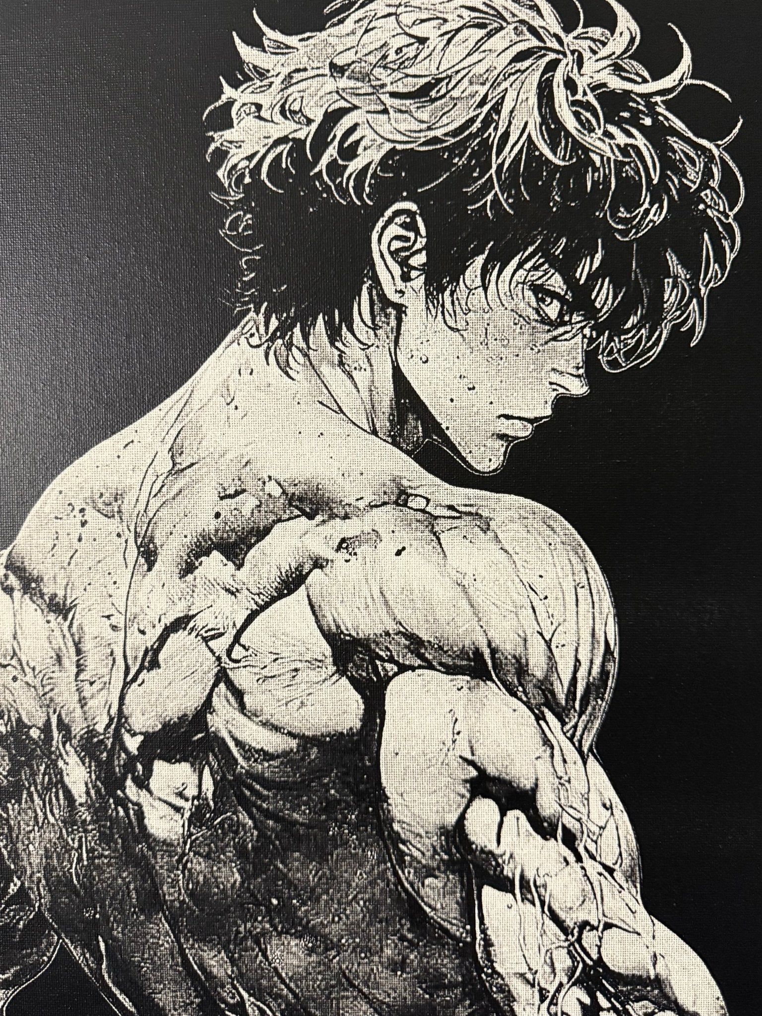 Tableau boxeur musclé regard intense noir et blanc style manga décoration murale 30x40 cm - DesignRomArt