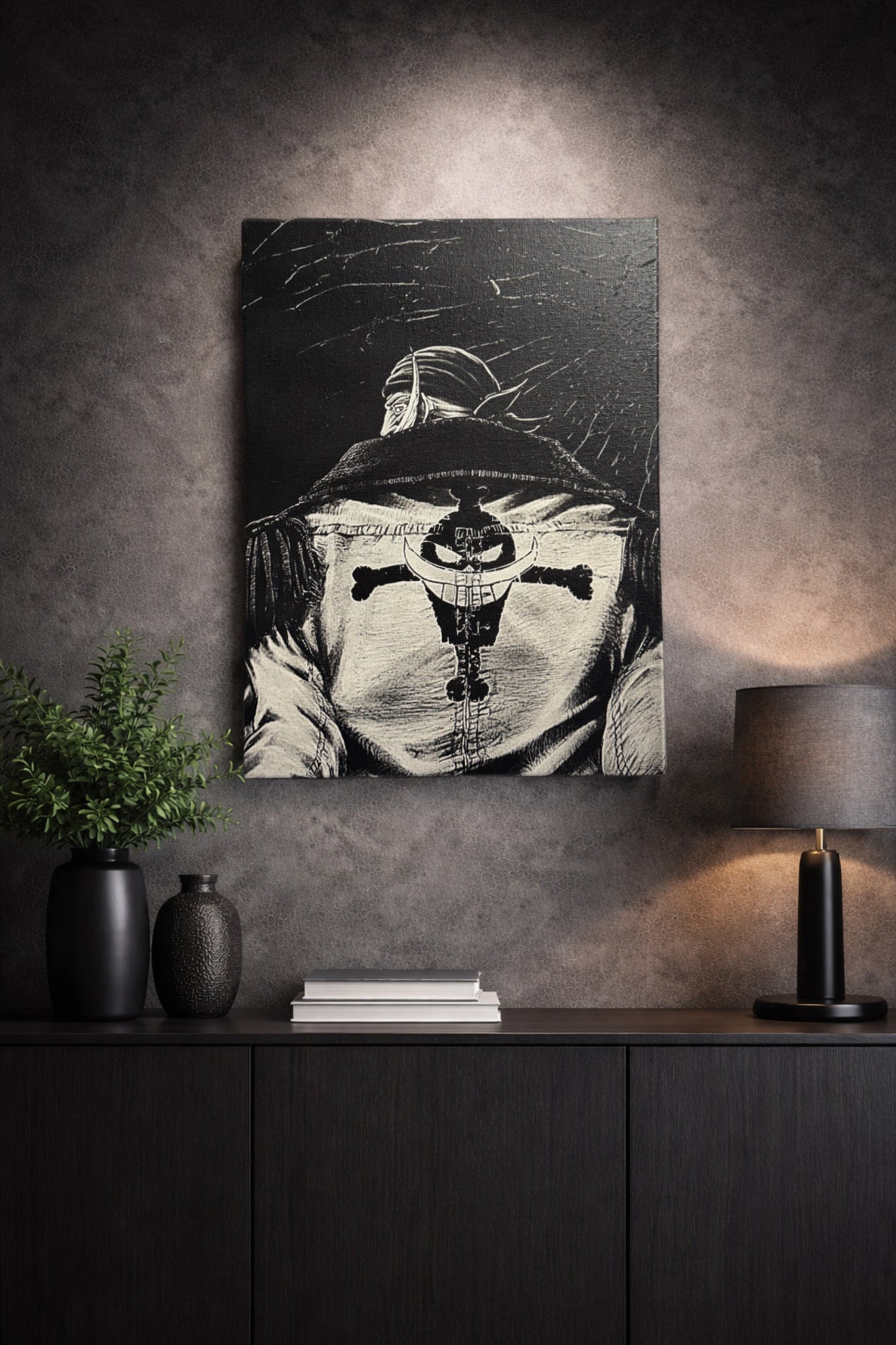 Tableau capitaine pirate dos symbole équipage décoration murale manga noir et blanc 30x40 cm - DesignRomArt
