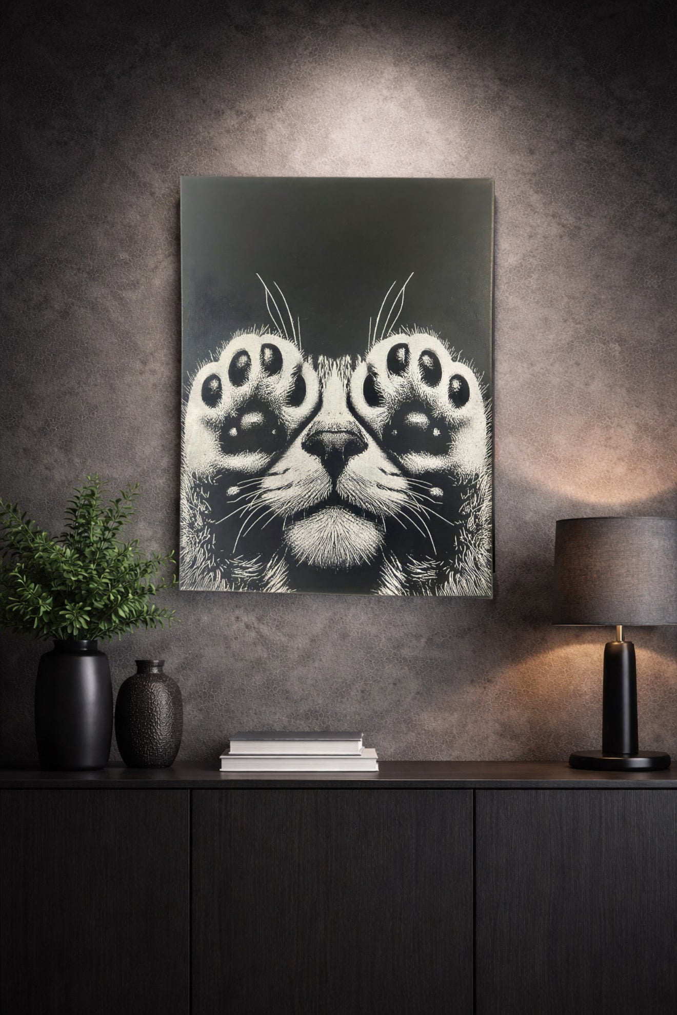 Tableau chat cache - cache pattes levées noir et blanc - style graphique - décoration murale - 30x40 cm - DesignRomArt