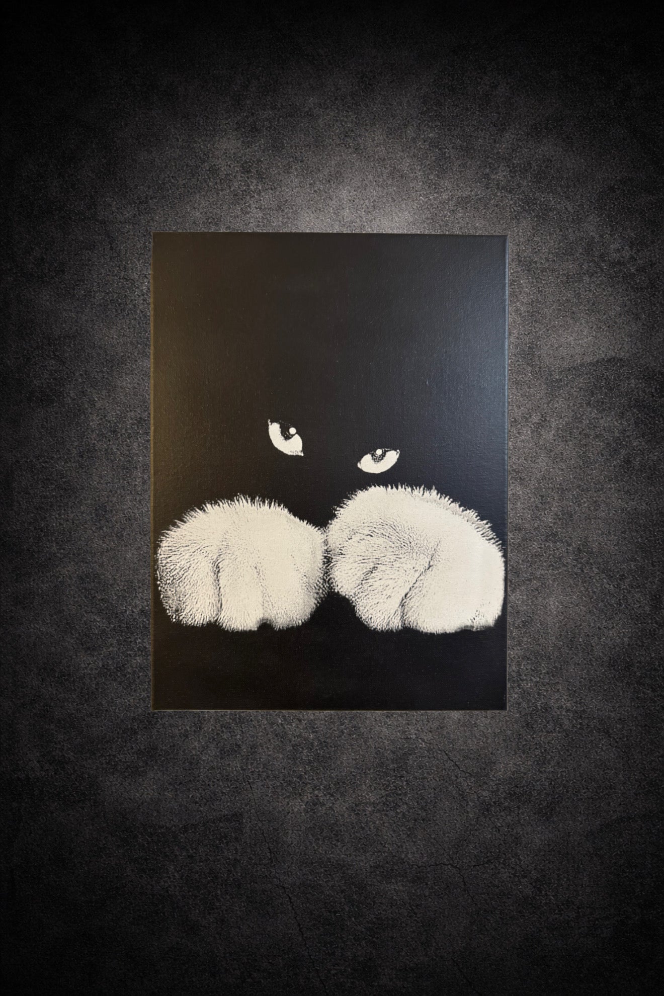 Tableau noir et blanc d’un chat caché dans l’ombre avec yeux lumineux et pattes visibles