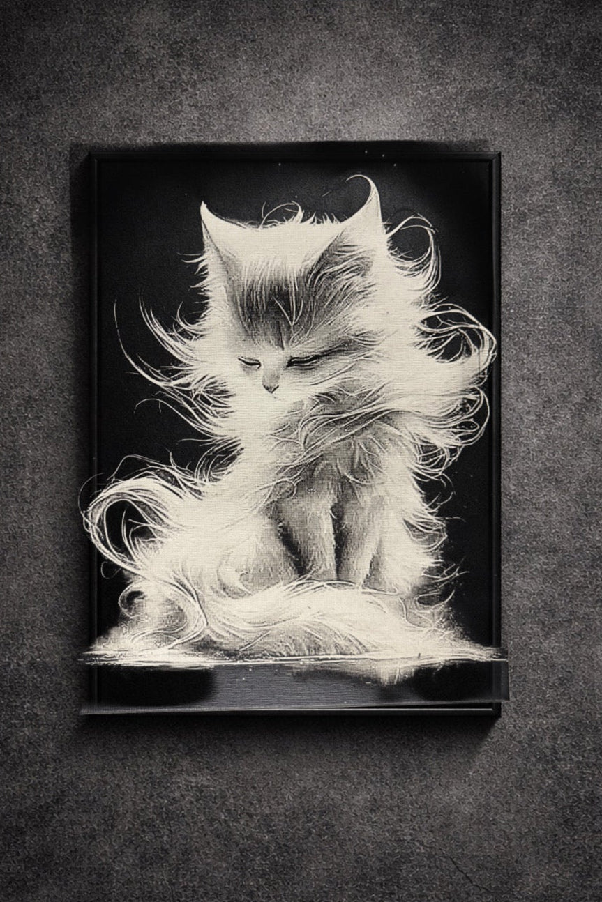 Tableau chat mystique poils flottants art noir et blanc décoration murale 30x40 cm - DesignRomArt