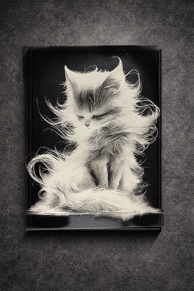 Tableau chat mystique poils flottants art noir et blanc décoration murale 30x40 cm - DesignRomArt