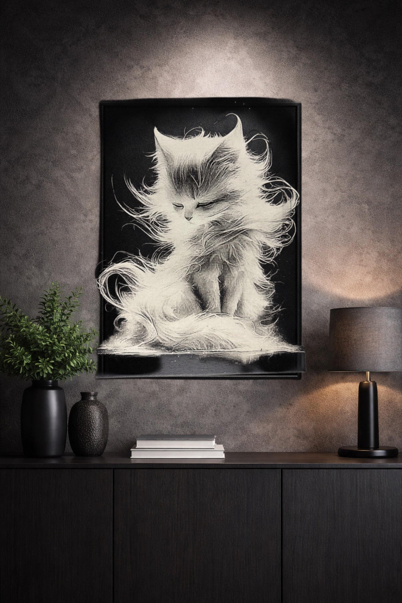 Tableau chat mystique poils flottants art noir et blanc décoration murale 30x40 cm - DesignRomArt