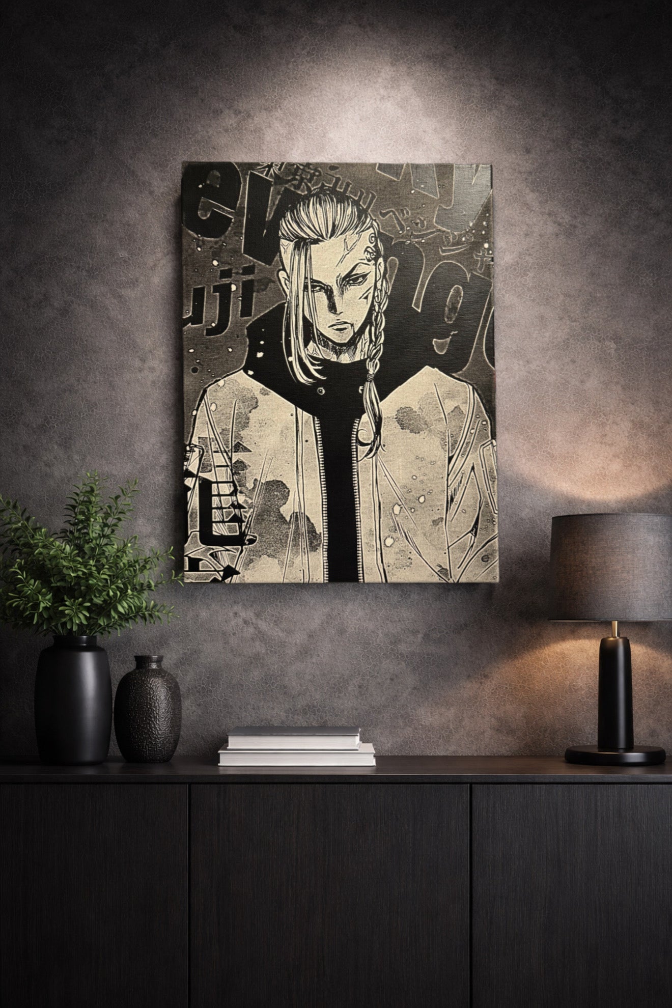Tableau chef de gang rebelle univers combat urbain style manga noir et blanc décoration murale 30x40 cm - DesignRomArt