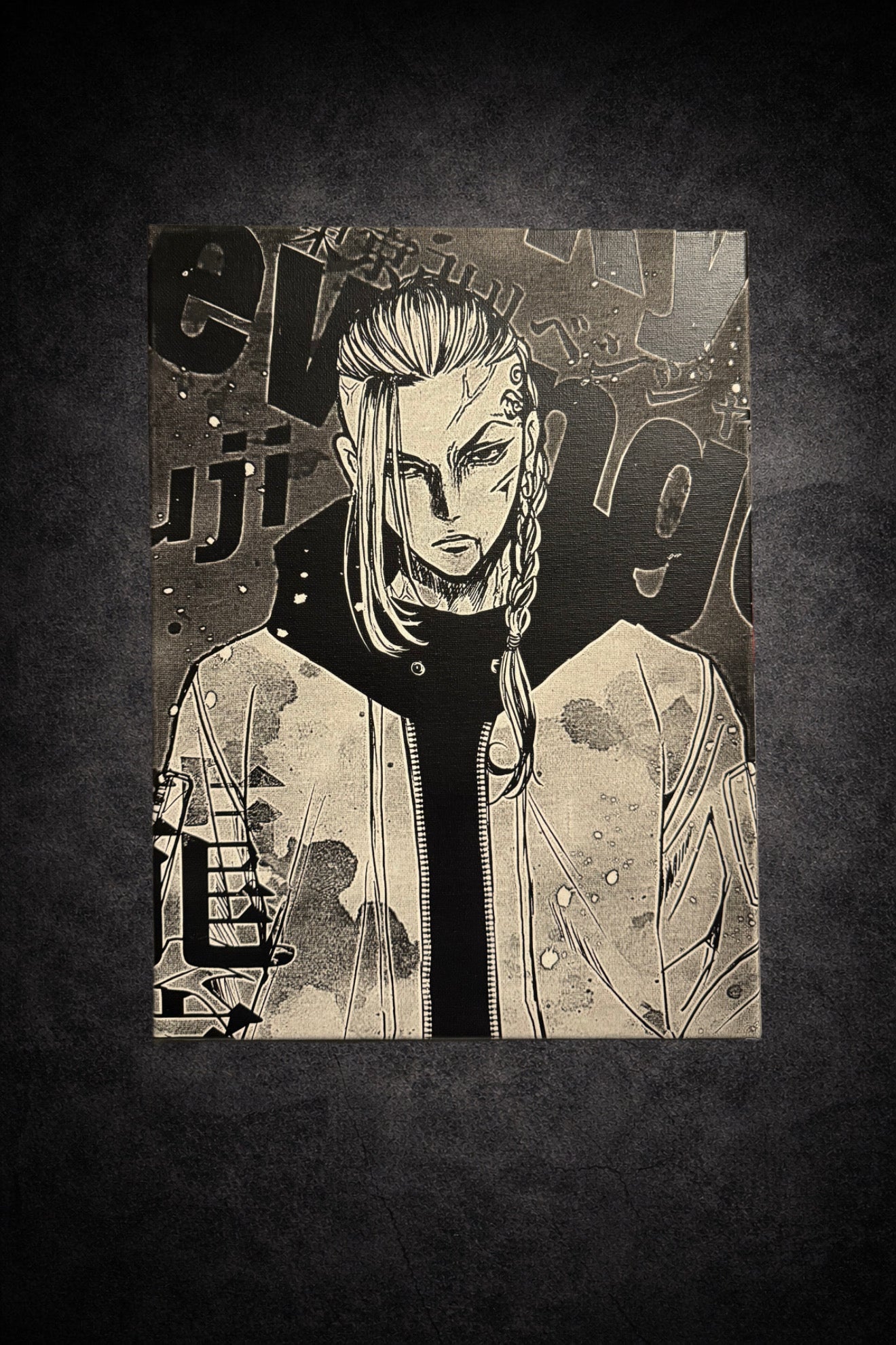 Tableau chef de gang rebelle univers combat urbain style manga noir et blanc décoration murale 30x40 cm - DesignRomArt
