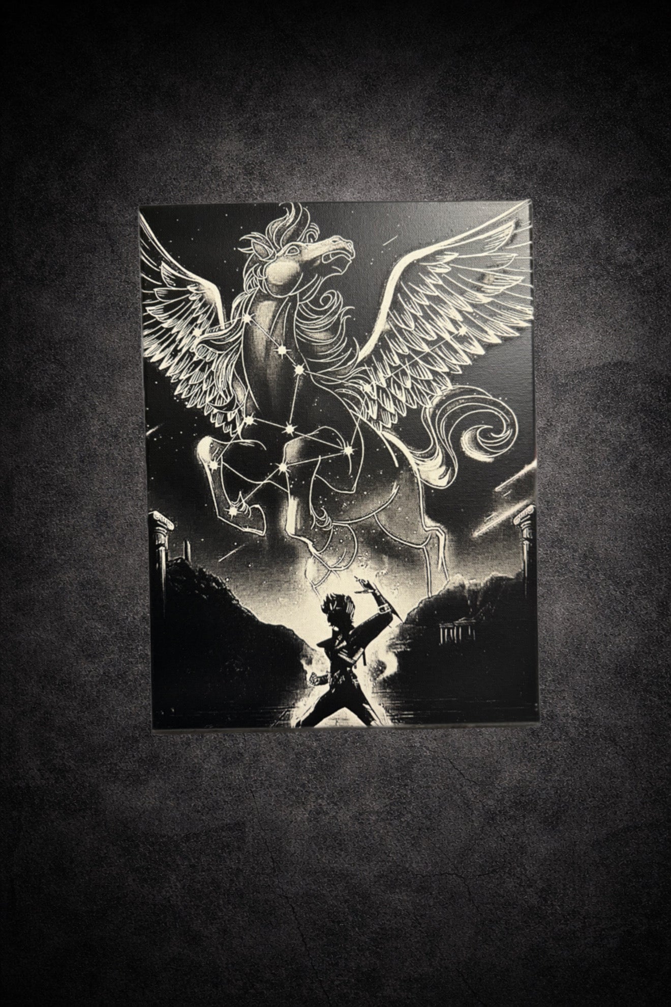 tableau cheval céleste ailé en constellation noir et blanc décoration murale épique