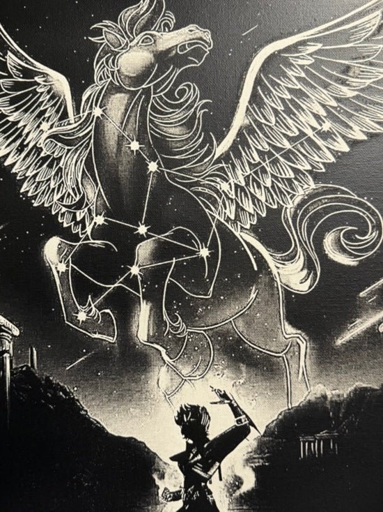 Tableau cheval céleste ailé en constellation lumineuse – scène héroïque épique mystique – décoration murale 30x40 cm - DesignRomArt