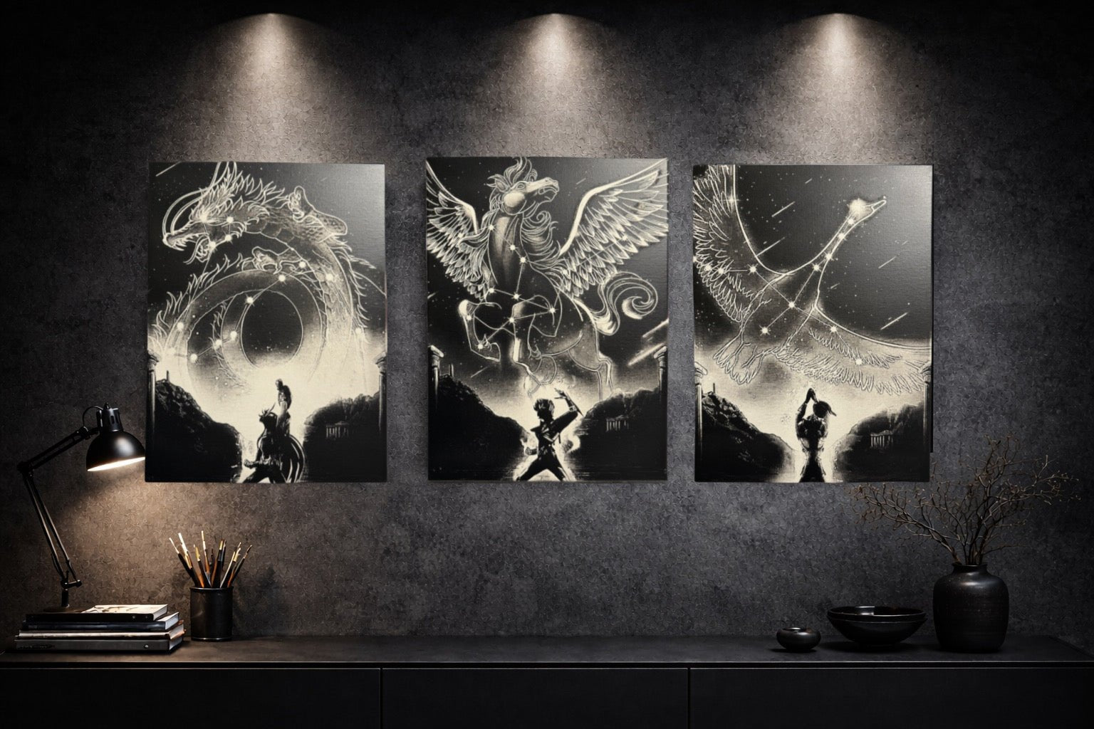 Tableau cheval céleste ailé en constellation lumineuse – scène héroïque épique mystique – décoration murale 30x40 cm - DesignRomArt