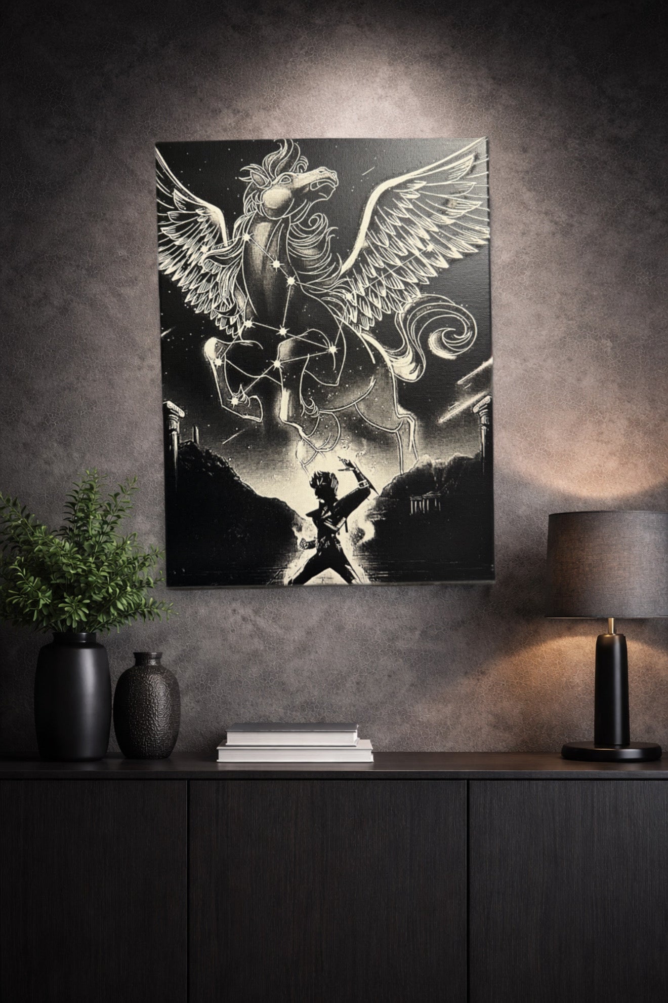 Tableau cheval céleste ailé en constellation lumineuse – scène héroïque épique mystique – décoration murale 30x40 cm - DesignRomArt