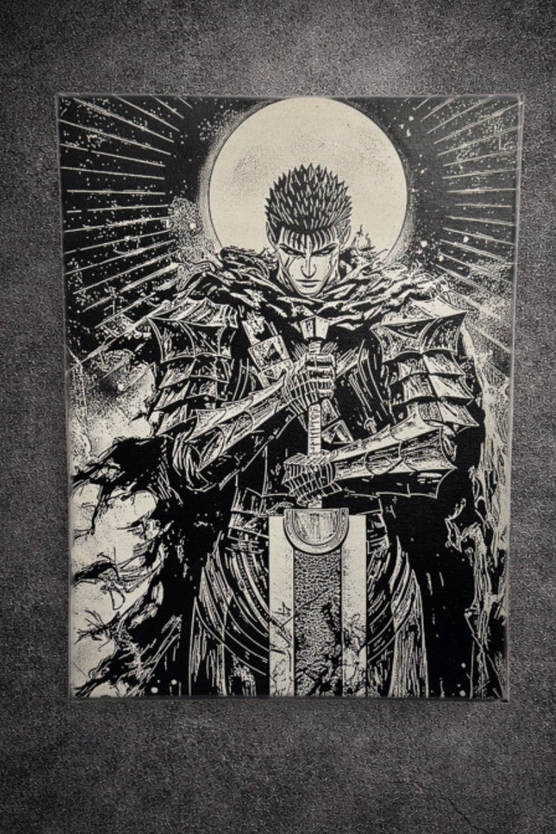 Tableau chevalier solitaire – Art manga noir et blanc épique – Toile 30x40 cm - DesignRomArt